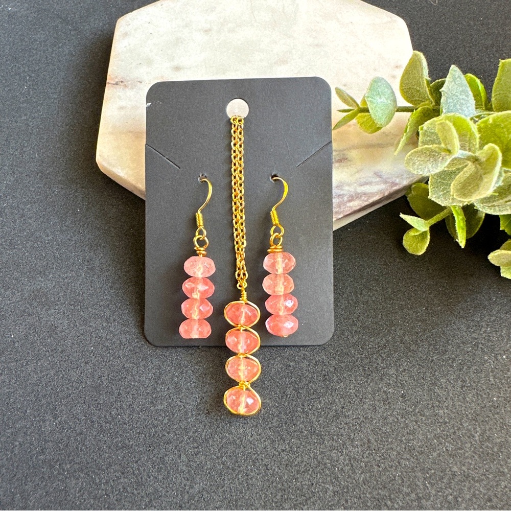 Cherry Quartz Necklace Earrings Jewelry Set in 14k Gold Filled
